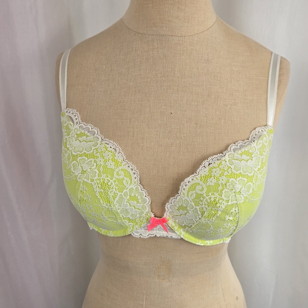 Victoria's Secret Dream Angels Push-up Bra Size 34D Yellow Cream Lace Lingerie